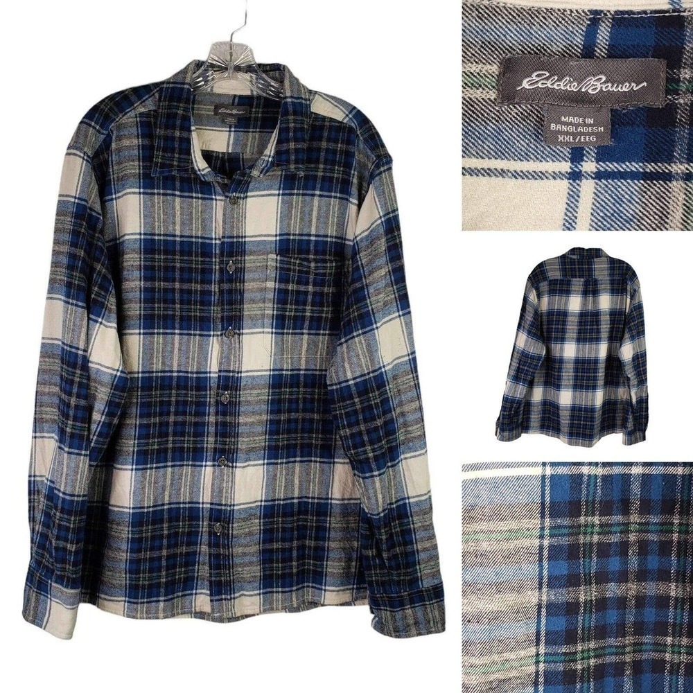 Eddie Bauer Flannel Shirt Travex‎ Mens Long Sleeve Plaid XXL Hiking Camping Blue